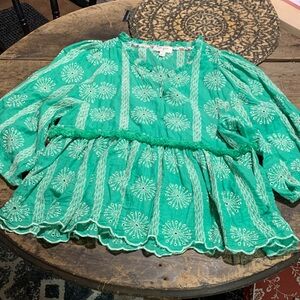 Umgee Cotton Boho Embroidered Top in Green with White Stitching